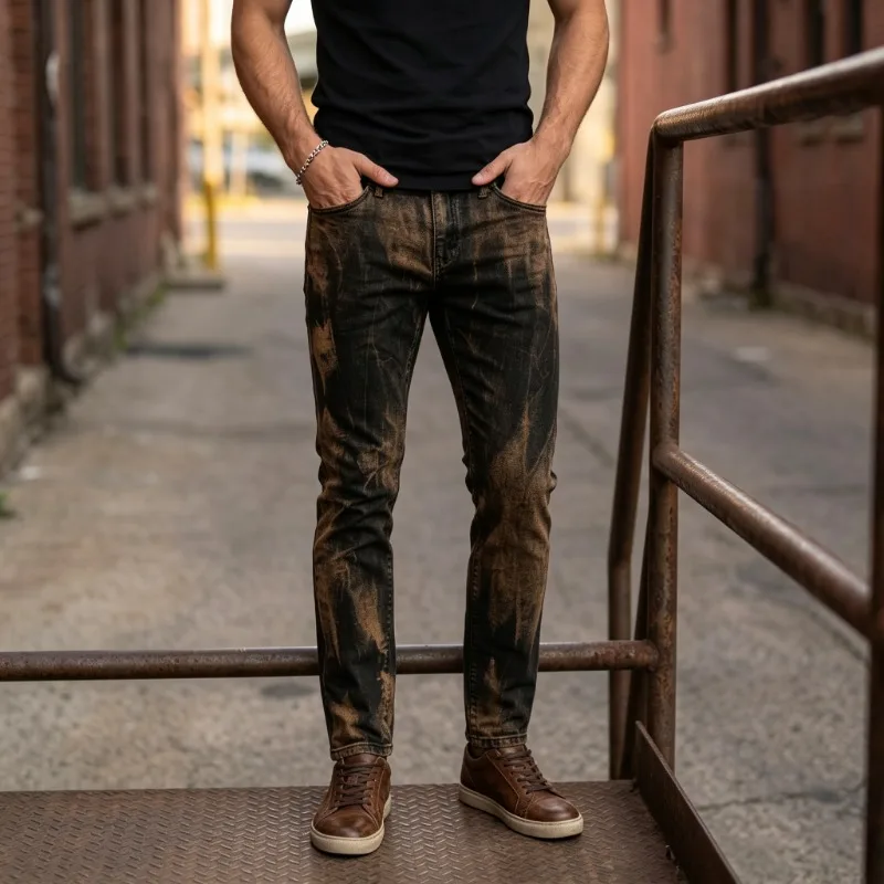OIQERE European American Mens Jeans High Street Gradient Color Straight Leg Trendy Casual Long Denim Trousers