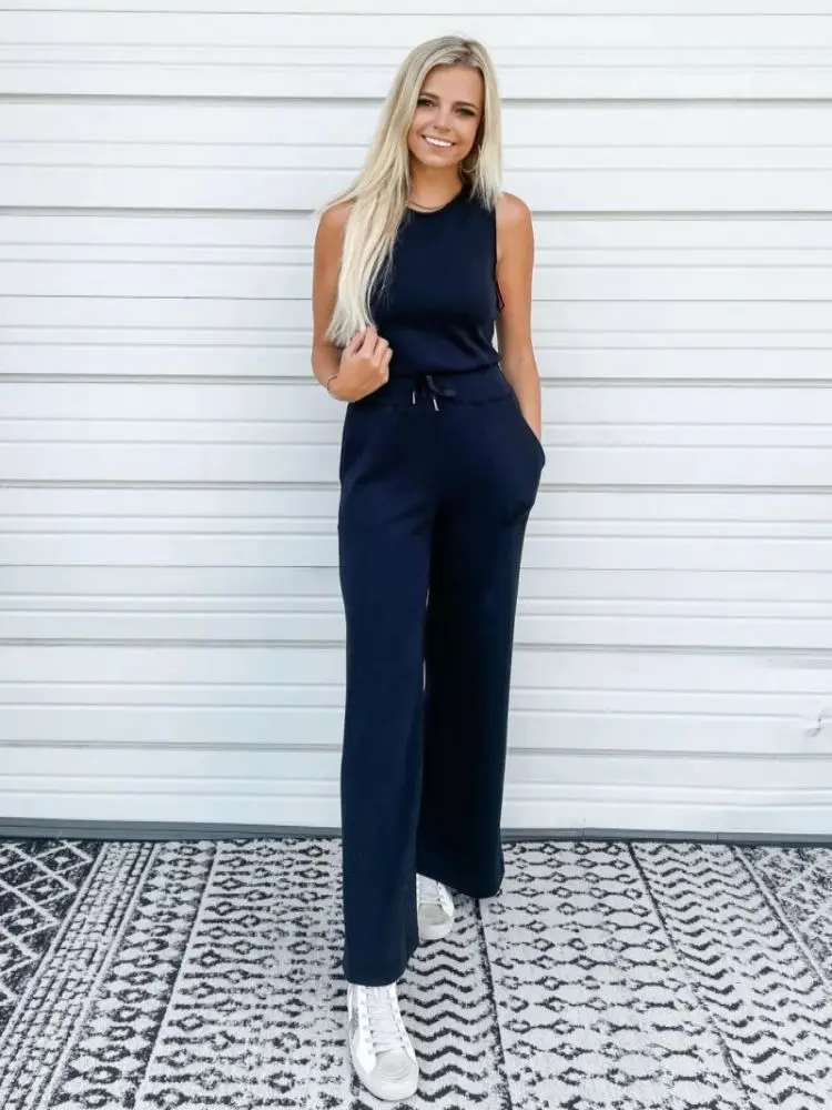 The Air Essentials Jumpsuit Casual Wide Leg Jumpsuit With Pockets Sleeveless Lace-Up Elasticated Jumpsuit Trousers