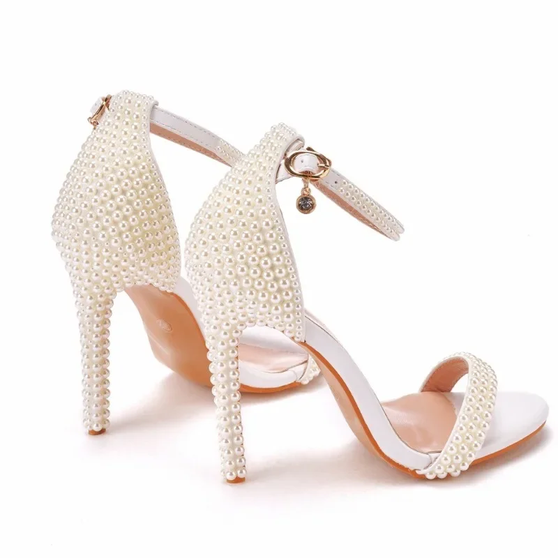 Wedding Party Sandals Women Pearl Decoration Buckle Strap 9.5CM Thin Heels Cover Heel Bridesmaid Women Shoes White Stiletto