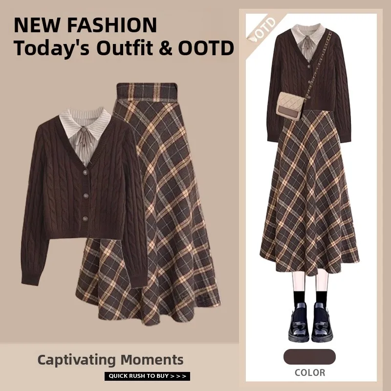 

Fall Winter Women's Faion Knitted Top And Plaid Skirt Two-Piece Set Korean Sle College Look Vintage Patterned Skirt