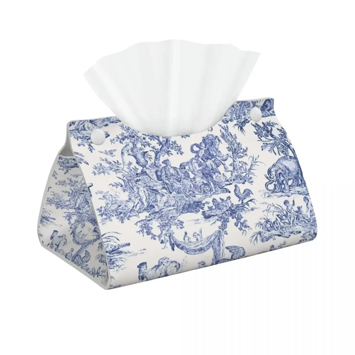 

Custom Navy Blue Toile De Jouy Tissue Box Cover Rectangular PU Leather French Countryside Floral Facial Tissues Holder for Car