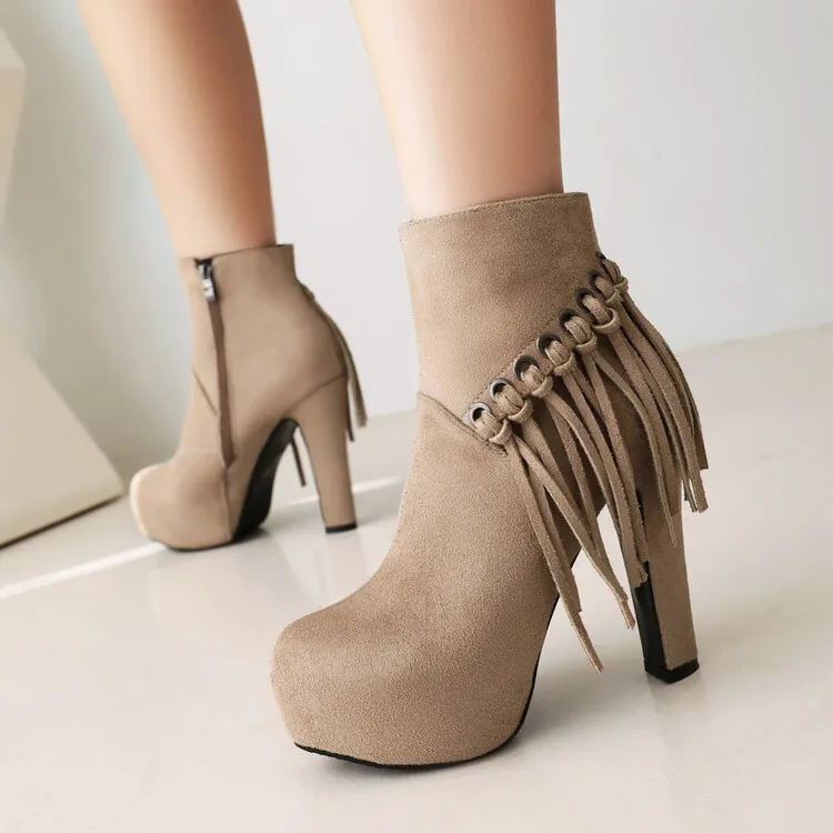 

Faux Suede Women Ankle Boots Fashion Tassel Round Head Chunky Heels Short Boots
