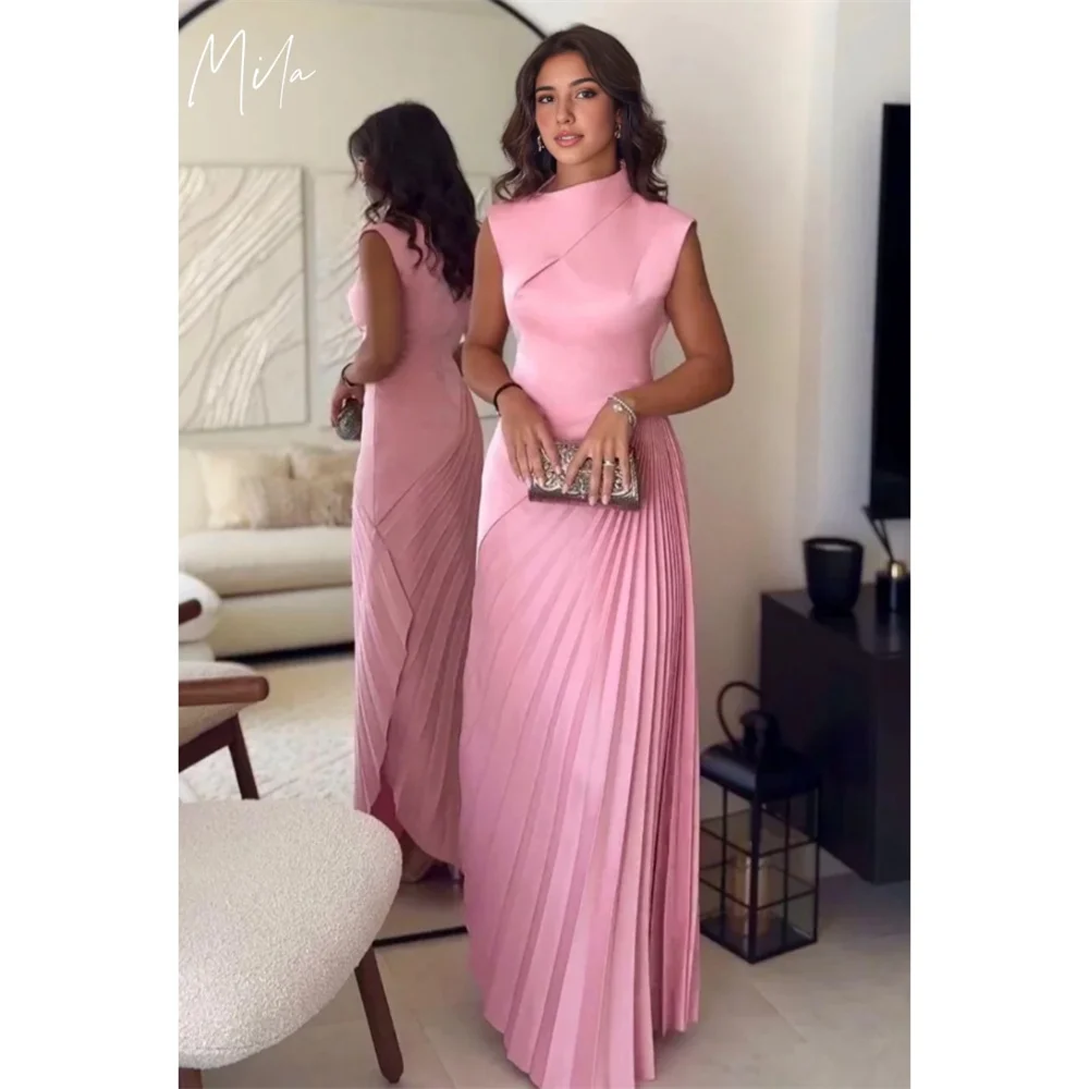 

Mila High Neck Customized Pink Evening Dresses Sleeveless Satin Zip Prom Dress 2025 Elegant Pleated Wedding Party Formal Gowns