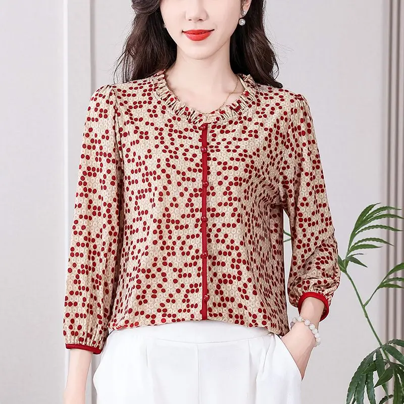 Fashion Beautiful Western-style Noble Lady Mother Long Sleeved Bottom Women\'s Spring Autumn Outfit Belly Covering Chiffon Shirt