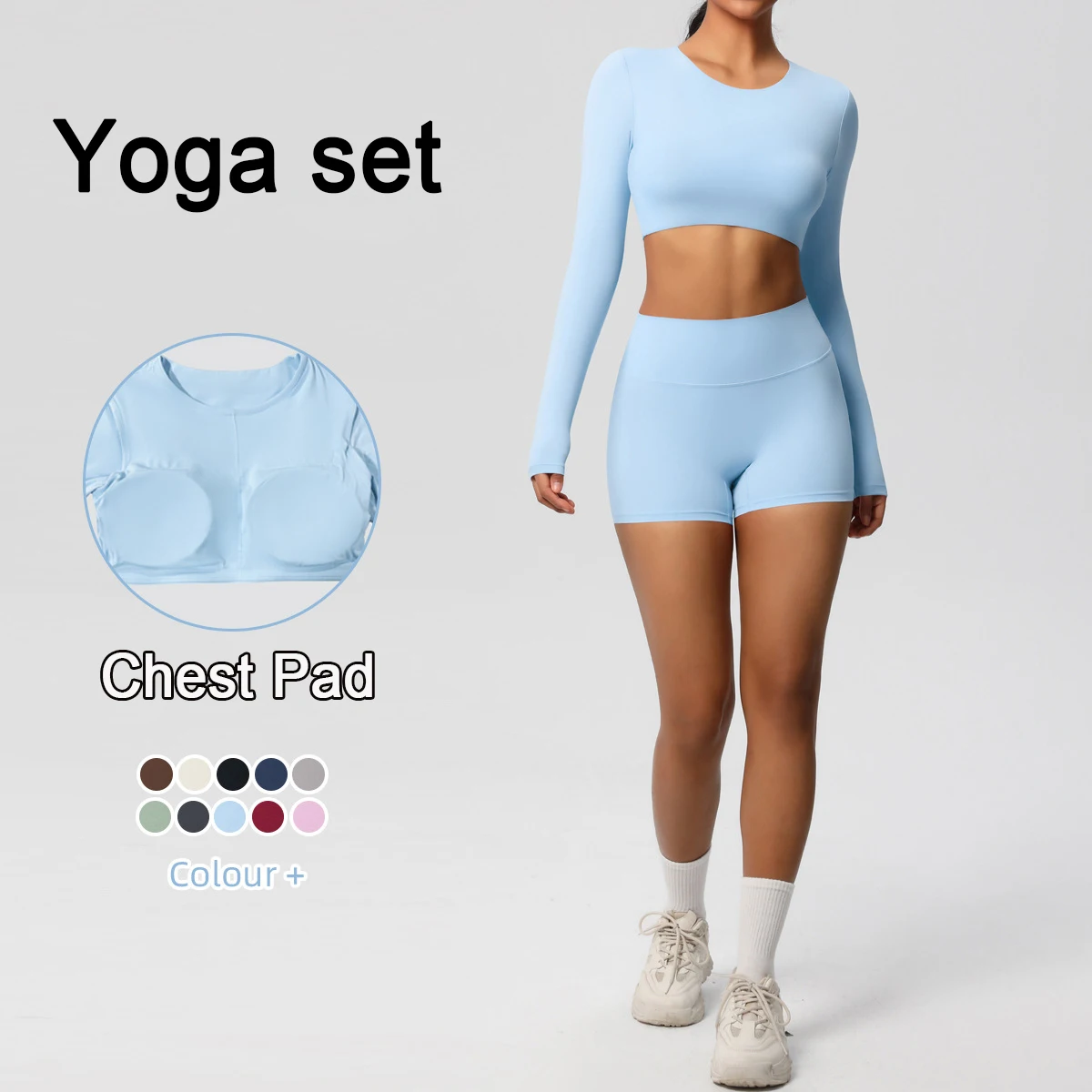 

2 Pieces Long Sleeves Yoga Shorts Set for Woman Seamless High Waist Women Fitness Running Yoga Shorts Crop Top With Chest Pad