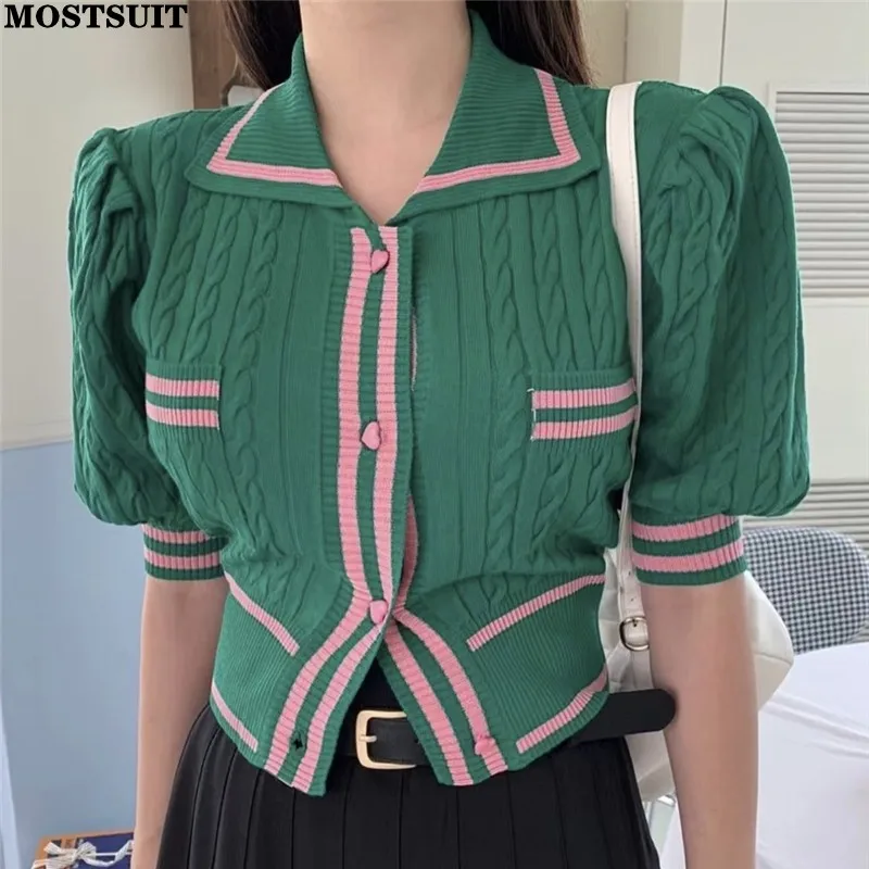 

Корейский витой вязаный свитер женские кардиганы Топы Стильная модная женская вязаная одежда с цветными заклепками элегантный джемпер с пышными рукавами 2024