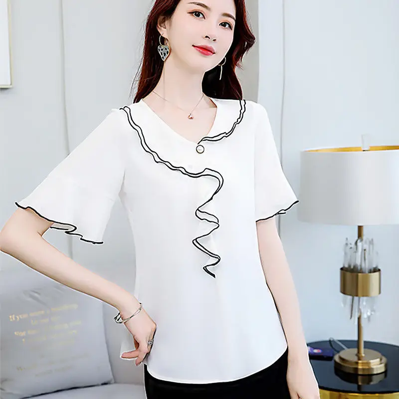 Vrouwen Kleding Zomer Mode Eenvoud Knop Effen Kleur V-hals Shirts All-Match Temperament Ruches Korte Mouw SlimCardigan