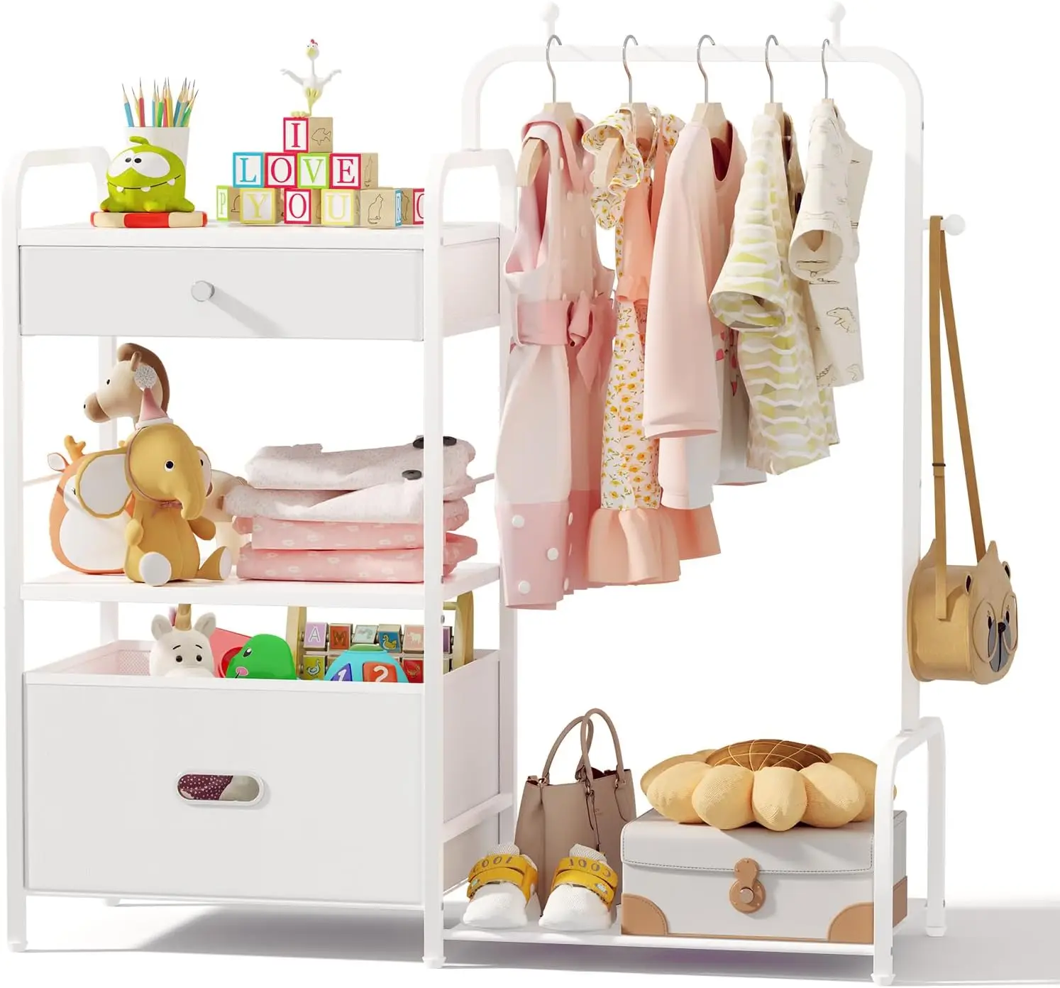 

Kids Clothes Organizer with Storage Shelf and Box, White Garment Rack for Hanging Coats and Skirts