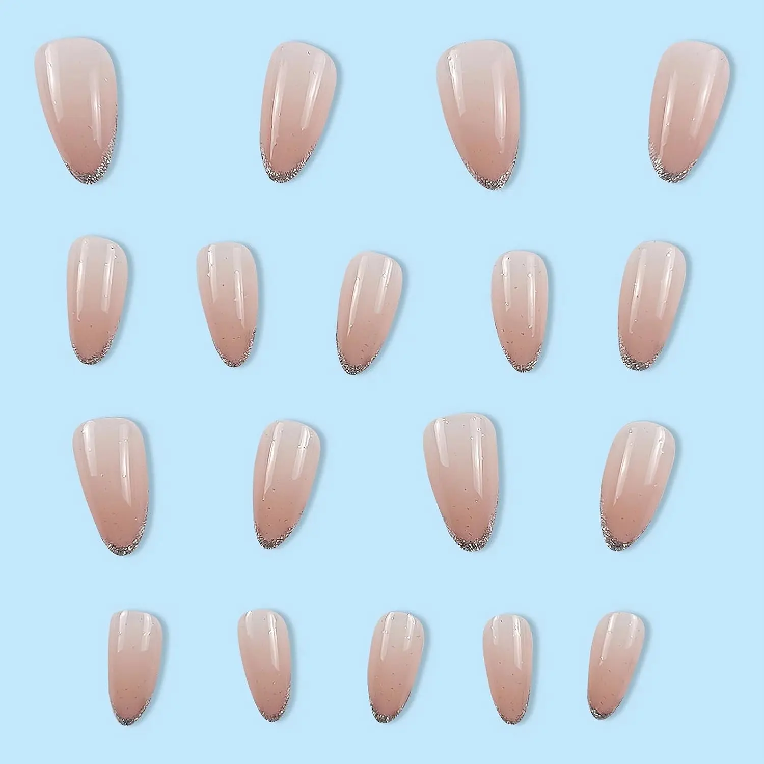 Faux ongles en forme d'amande, 24 pièces, avec scintillant argenté, Design pointu français, en acrylique dégradé rose, entièrement couvert, Y2k