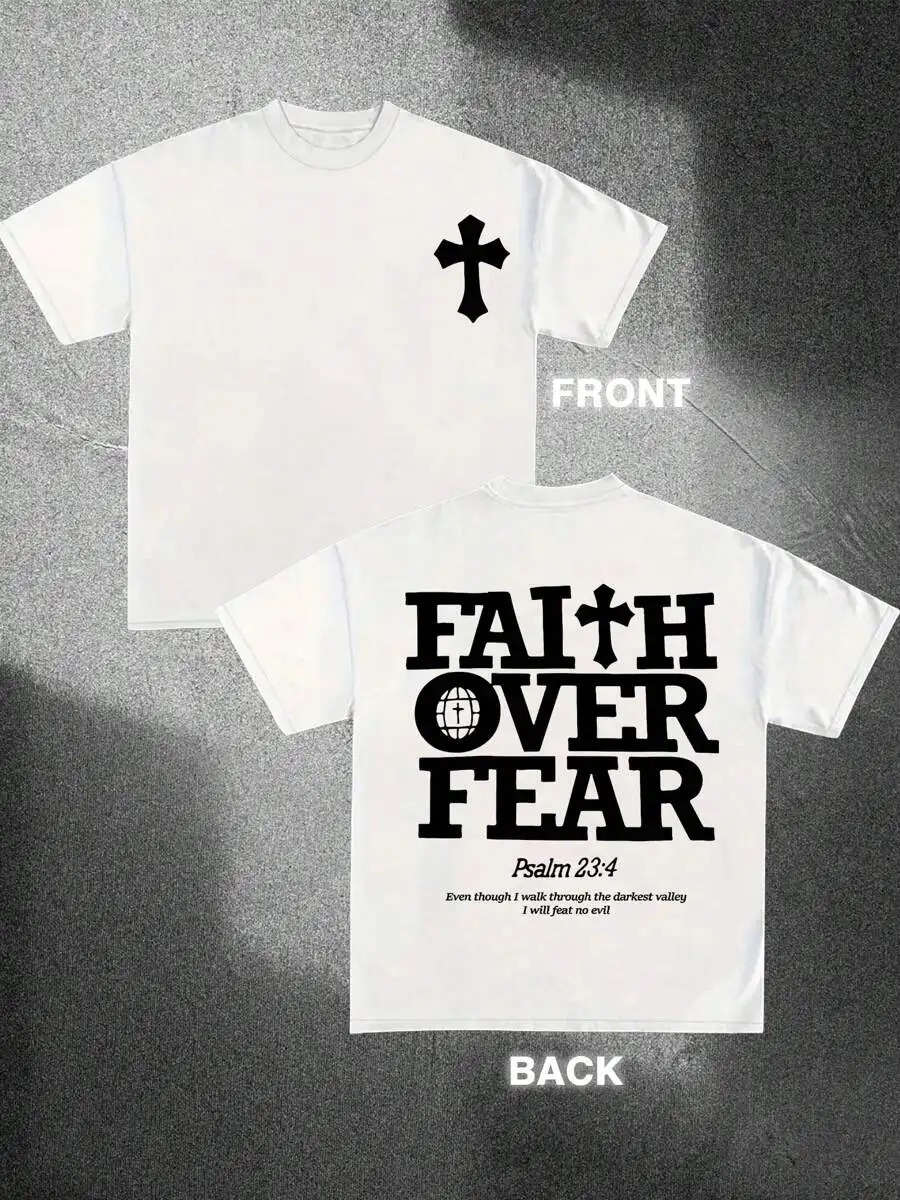 

Mens Cotton Graphic Tee With Faith Over Fear Print, Round Neck, Loose Fit, Casual Streetwear