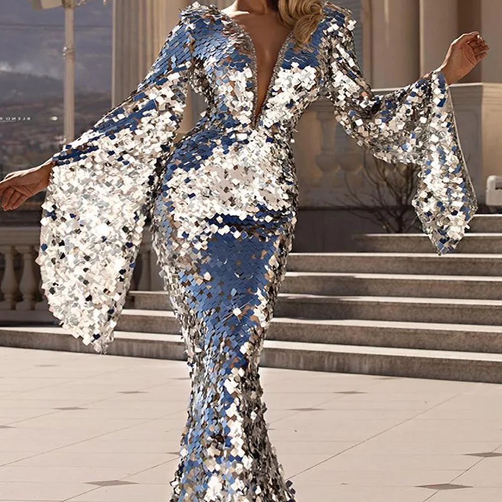 Vestido de banquete de lantejoulas feminino prateado, Sexy nádega, Europeu e Americano, Vestido de noite, Novo, 2024