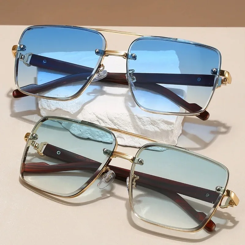 Fashion Retro Square Metal Sunglasses Oversized Women's Brand Design Driving Shades Double Bridge Pilot Man UV400 Sun Glasses