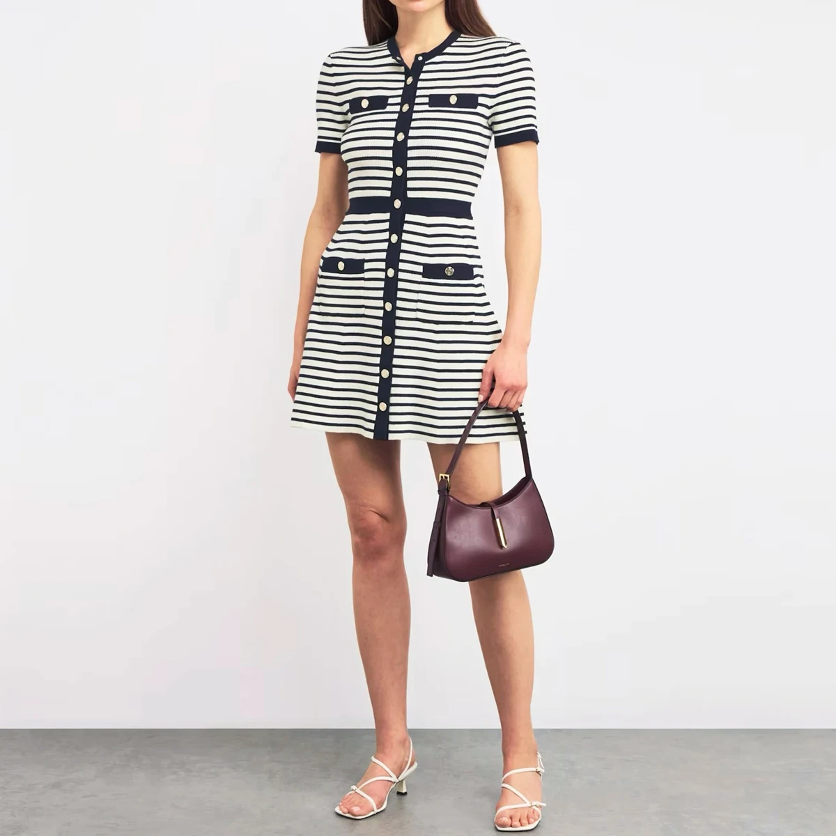 

High Quality Elastic Knitted New Fashionable Round Neck Striped Short Sleeved Slim Fit Casual A-line Women's Dress
