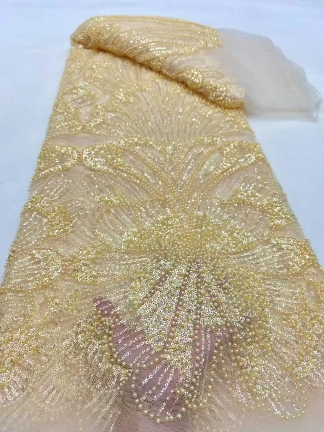 

New African French Nigerian High End 2025 New Tulle Lace Fabric With Beads Sequins Flower for Wedding Party Bride Sewing Dress