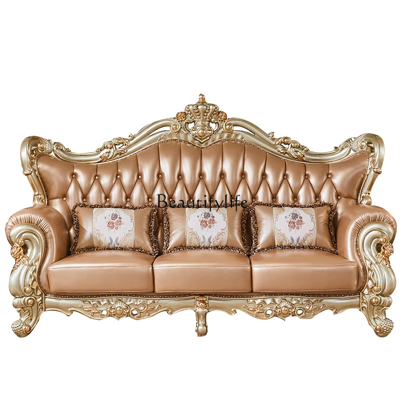 

European leather sofa champagne gold first layer cowhide all solid wood oak carving