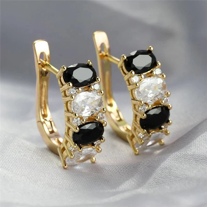 Huitan Gold Color White/Black Cubic Zirconia Hoop Earrings for Women Newly Designed Luxury Female Accessories Hot Trendy Jewelry