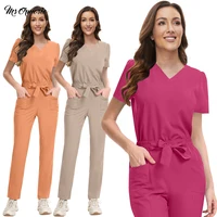Uniformes médicos para mujer, Top con cuello en V, pantalones rectos, conjunto de batas de enfermería para Hospital, ropa de trabajo quirúrgica elástica, traje de médico veterinario para dentista
