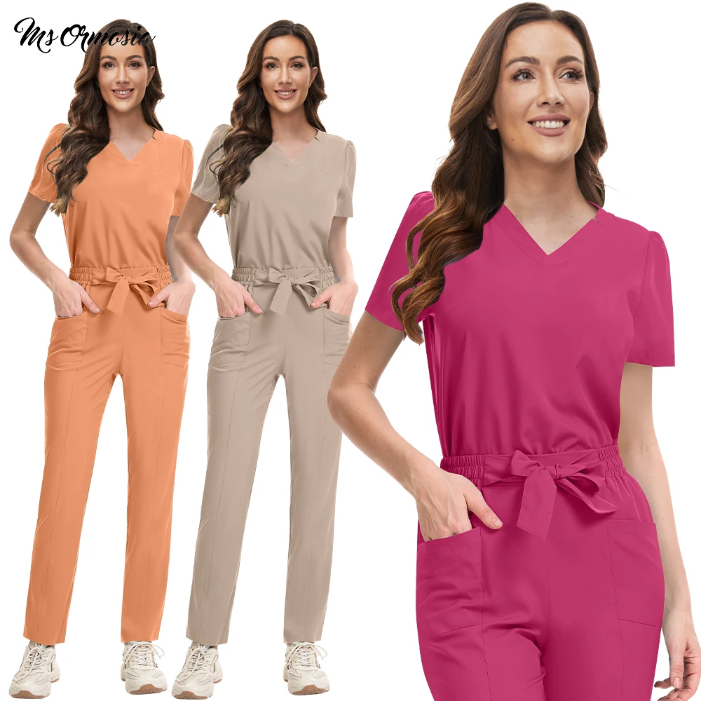 Medical Uniforms Women V-neck Top Straight Pants Hospital Nursing Scrubs Set Stretch Surgical Workwear Dentist Vet Doctor Suit