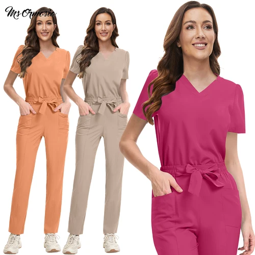 Uniformes médicos para mujer, Top con cuello en V, pantalones rectos, conjunto de batas de enfermería para Hospital, ropa de trabajo quirúrgica elástica, traje de médico veterinario para dentista