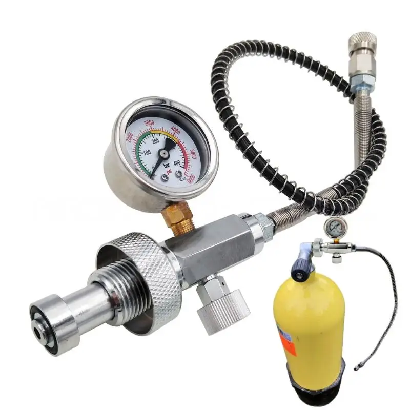 Katup Adaptor Stasiun Pengisian dengan Sambungan DIN G5/8; Untuk Penggunaan Menyelam Udara, 6000 psi/400bar HPA, Baja Tahan Karat dan Selang 50cm Terpasang