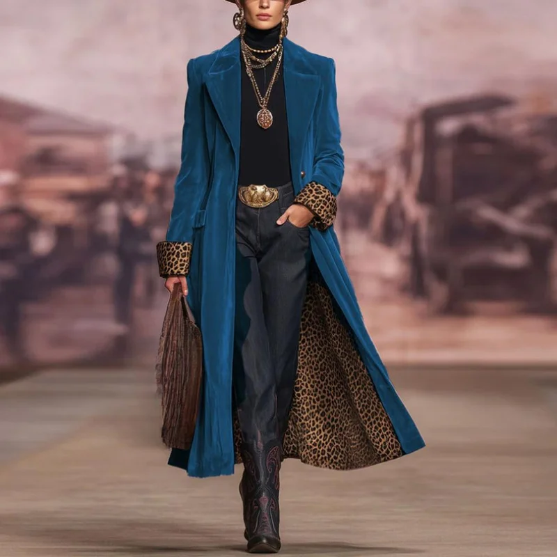 QICHE 2026 Fall Winter New Women Color Block Spliced Lace Velvet Long Blazer, European Style Gold Velvet Long Outerwear