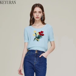 2024 Summer Flower Embroidery Sequin Short Sleeve Sweate Women Knit T-shirt Vintage Fashin O-Neck Knitwear Crop Top Female Tees