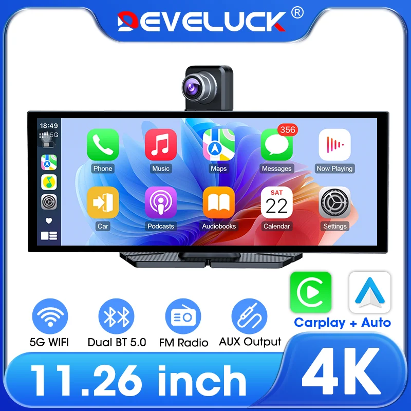 Develuck 11.26 بوصة 4K شاشة CarPlay اللاسلكية أندرويد السيارات مشغل وسائط متعددة مسجل قيادة واي فاي جهاز تسجيل فيديو رقمي للسيارات كاميرا الرؤية الخلفية AUX