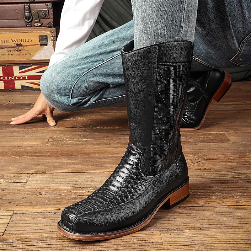 

Classic Retro Style Side Zipper High Top Men's Boots High-quality Western Cowboy Boots Brand Square Toe Comfort Motorcycle Boots
