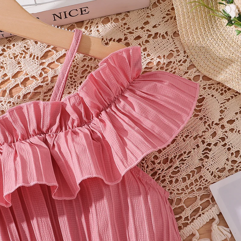 Baby Girls Clothes for Summer 4-12 Years Straight Neckline Pink New Design Ruffles Dress + Braided Belt Sweet Cute Girls Dress