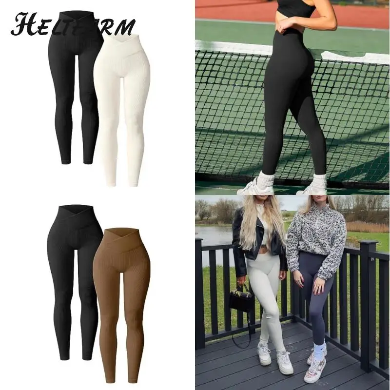 

Women's 2 Piece Yoga Leggings Ribbed Seamless Workout High Waist Cross Over Athletic Exercise Leggings