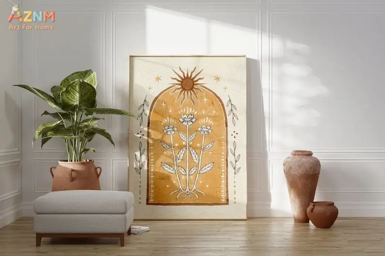 AZNM Boho Sun Floral Arch Canvas Print Vintage Yellow Watercolor Wildflower Star Minimalist Neutral Wall Poster Unframed Bedroom