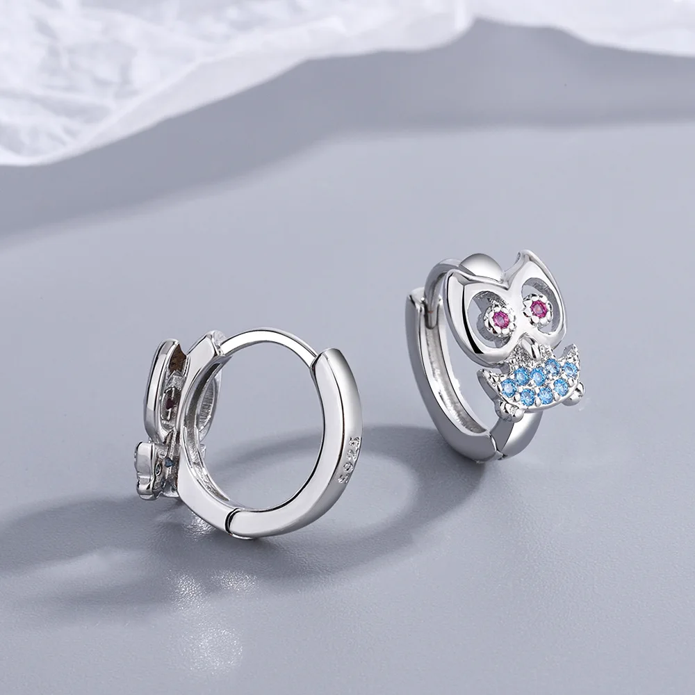 Pendientes de aro de animales bonitos de cristal de Plata de Ley 925 con sello para mujer, pendiente de búho coreano Simple, regalo de joyería para fiesta y boda