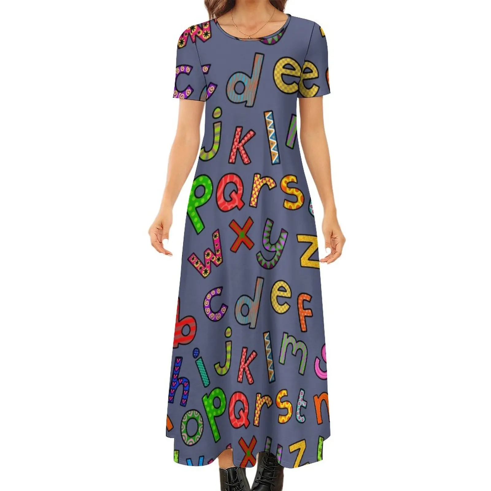 

Hand Drawn Letters of the Alphabet Round Neck Short Sleeve Dress luxury evening dresses 2024 evening dress summer women"s suit