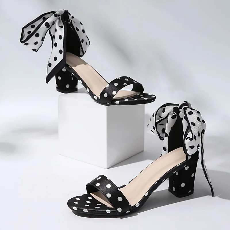 

Elegant Polka Dot Satin Bow Knot Round Toe Chunky Heel Women's Shoes Summer Crossbuckles Sandals High Heels Comfortable Sandals