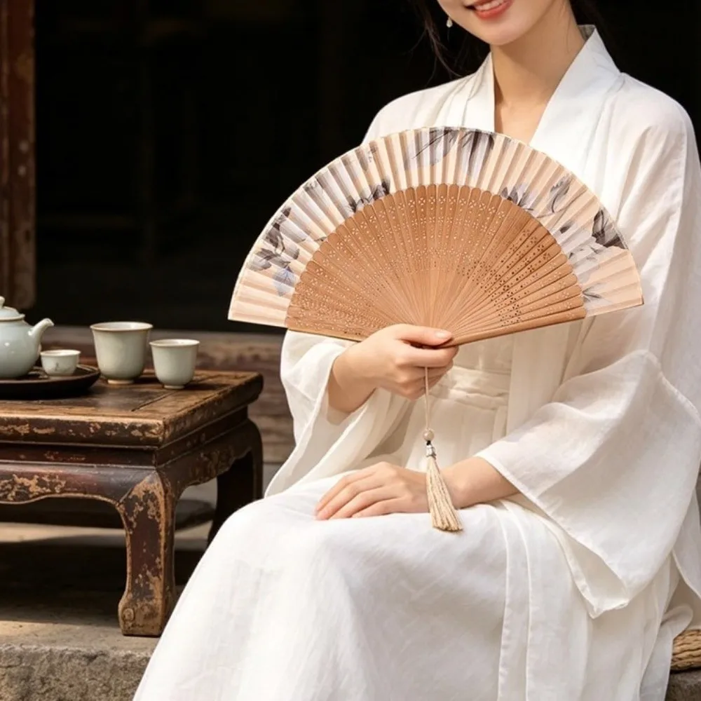 Exquisite Antique Folding Hand Fan Hollowed-out Portable Classical Handheld Fan with Tassel Chinese Style Fan Dance Performance