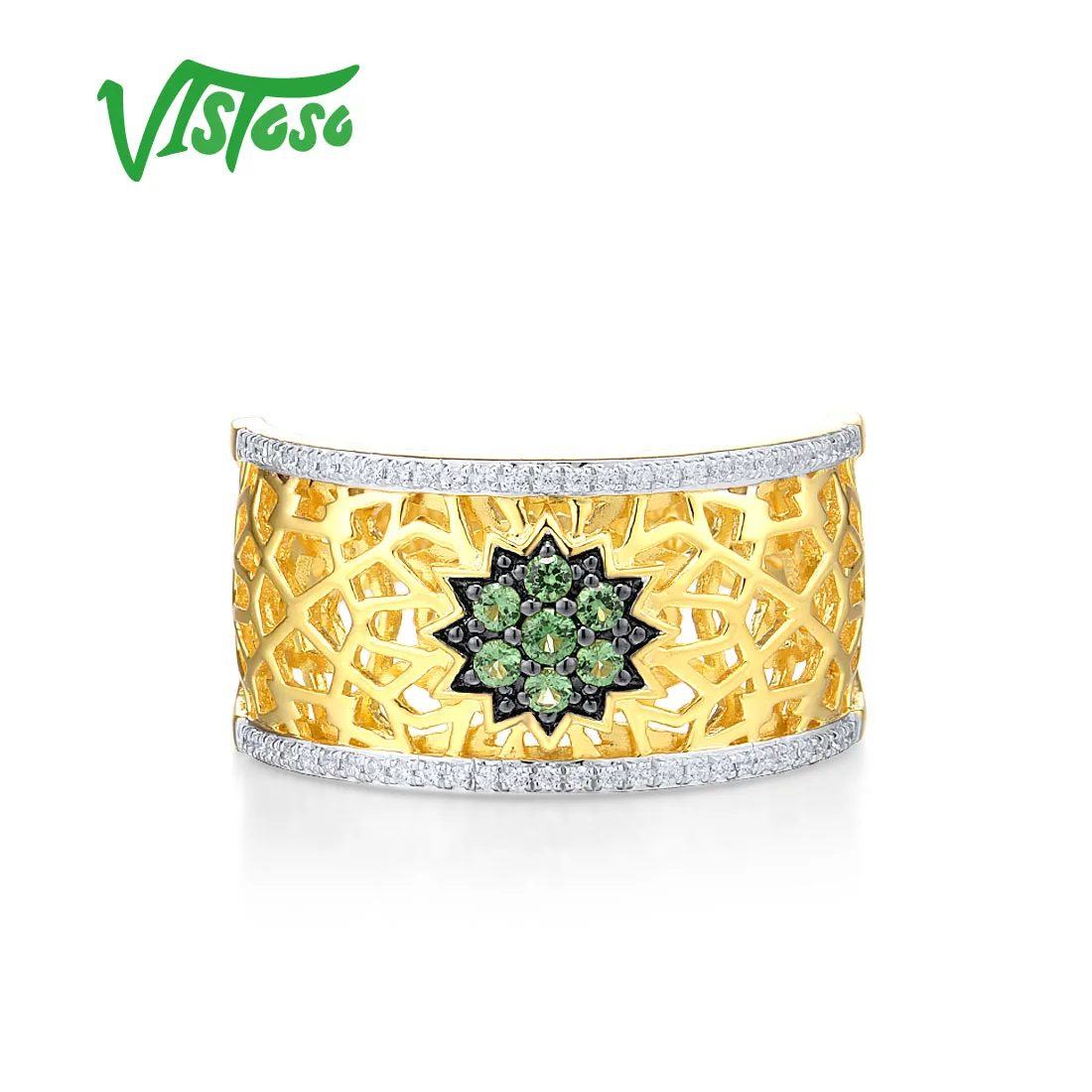 VISTOSO Genuine 14K 585 Yellow Gold Ring For Women Sparkling Green Garnet Diamond Flower Ring Gorgeous Fashion Fine Jewelry