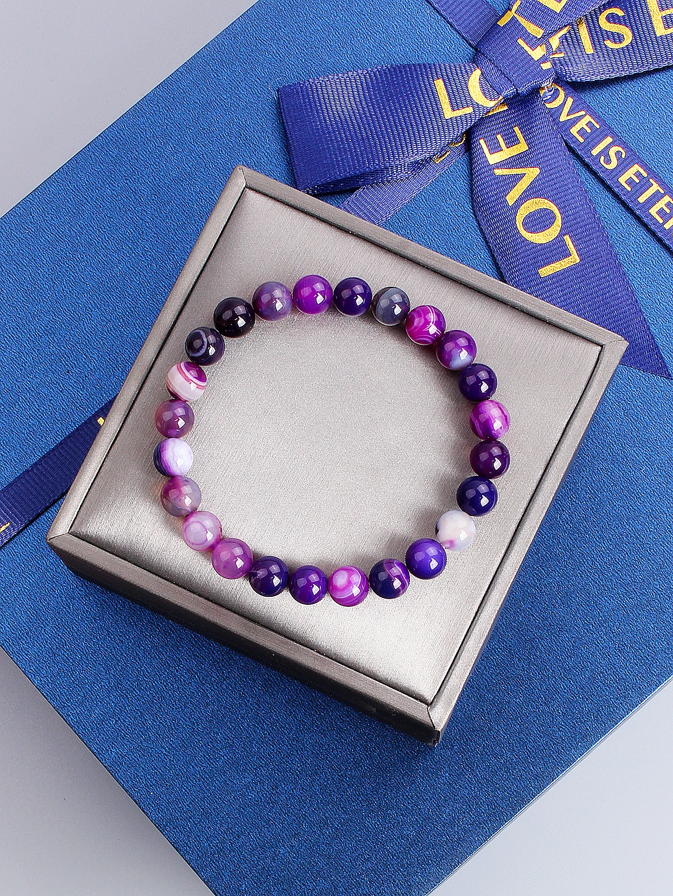 Purple Striped Agate Natural Stone Bracelet for Energy Balance Stress Relief & Inner Peace Healing Jewelry for Good Luck Gift