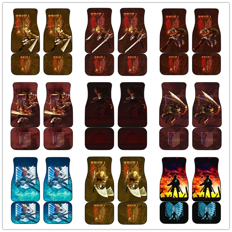 進撃の巨人-車用フロアマット-lサイズ、ヴィンテージ風黒マット、滑り止めゴムマット、4点セット