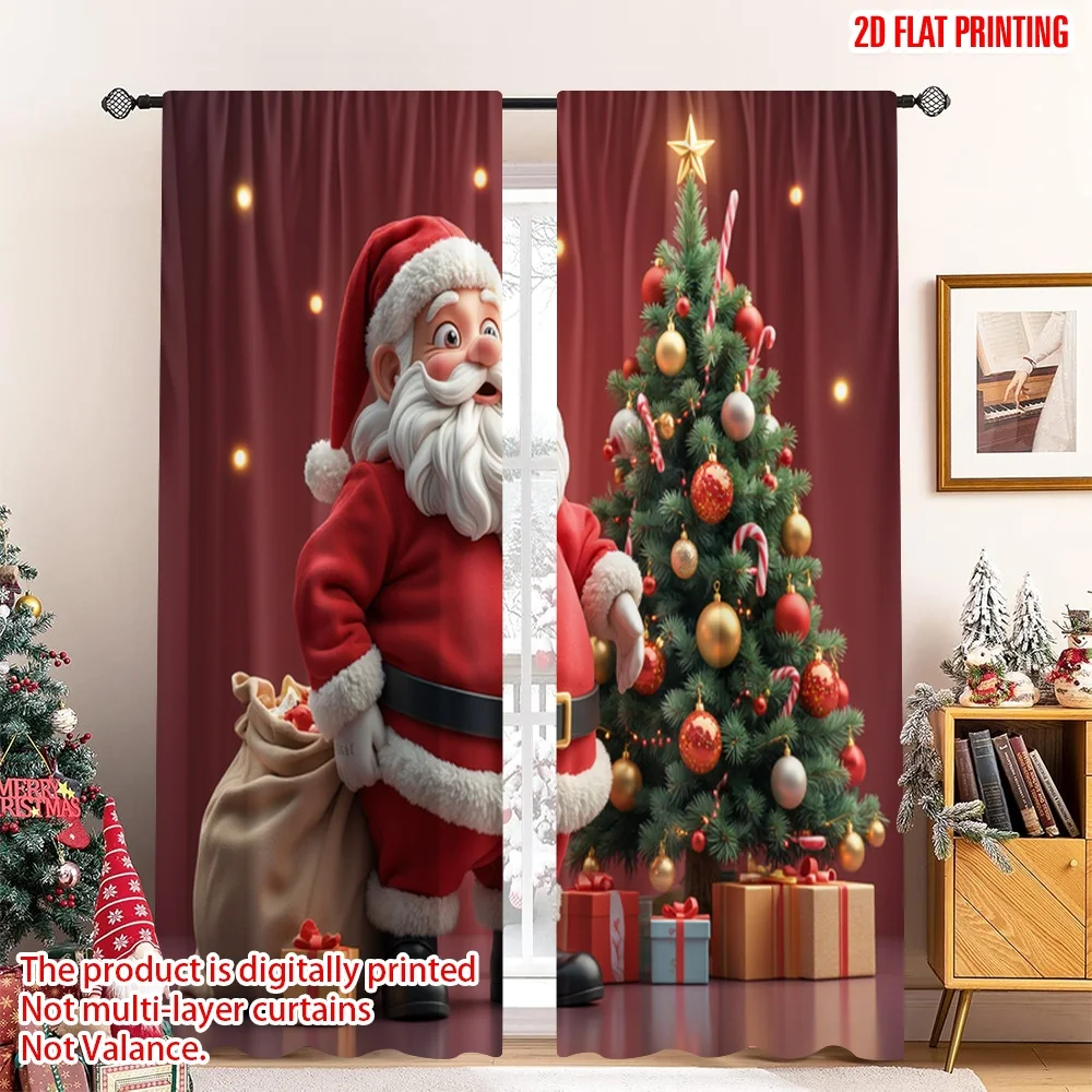 

2pcs 2D flat printing Christmas Party Curtain Santa Claus Christmas Tree Gifts_n Fabric Without Electricity Spring for Door Wall