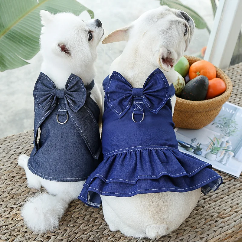 18kg Denim Dog Harness Durable Polyester Versatile Pet Vest Dress Walking Leash Accessories Bow Tie Big Dogs Clothes for Cats