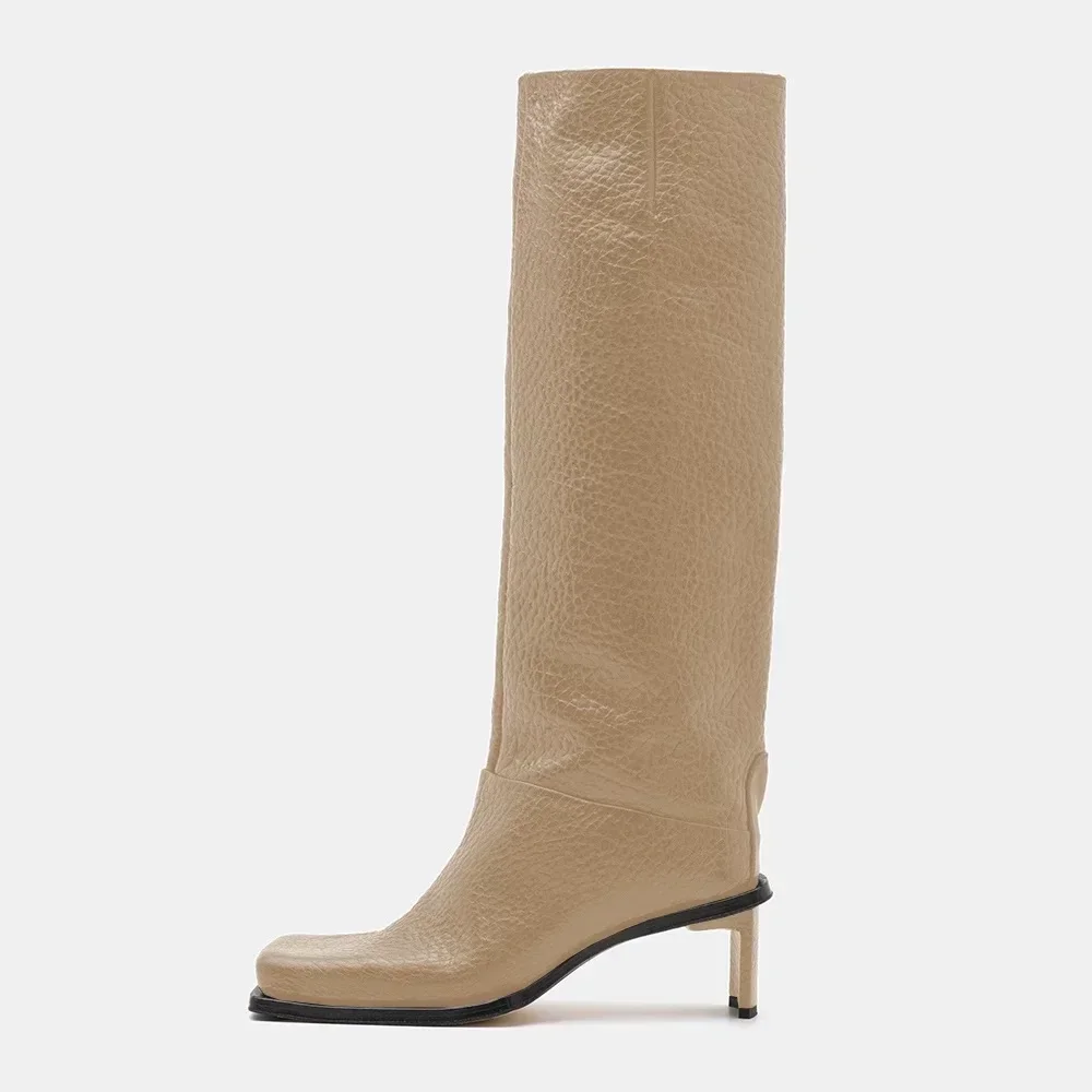 New Fashionable Square Head High Heels Women\'s Knee Length Boots with Side Zipper Stone Pattern Women\'s Mid Length Boots