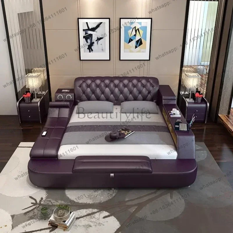 LJY Multifonction Aesthetic Double Bed Queen Size Master Twin King Double Bed Luxury Leather Smart Cama Box Casal Bedroom Furnit