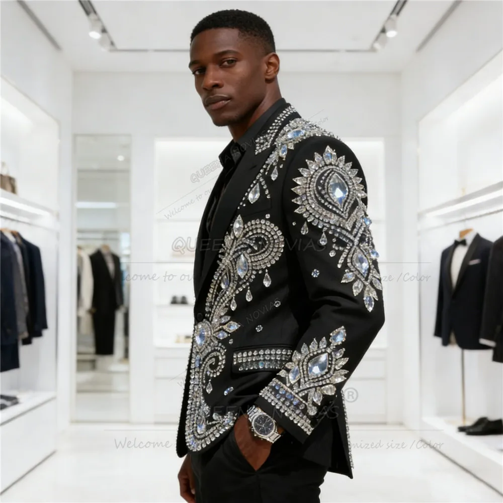 Exclusive Jewelry Stones Suits Men For Wedding 2 Piece Set Single Breated Jacket Pants Customized Groom Tuxedos Man Party Outfit