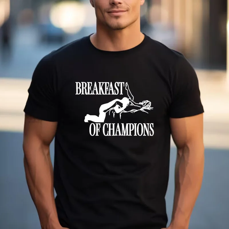 Breakfast of Champions Print Fan Gift T Shirt Funny Couples Joke Witty Humor 100% Cotton Crew Neck Valentine Tops