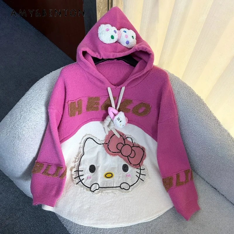 2025 Autumn New Sweet Age-Reducing Cartoon Color Block Hooded Knitted Sweater Women's Loose Casual Style Pullover Top Sweatshirt