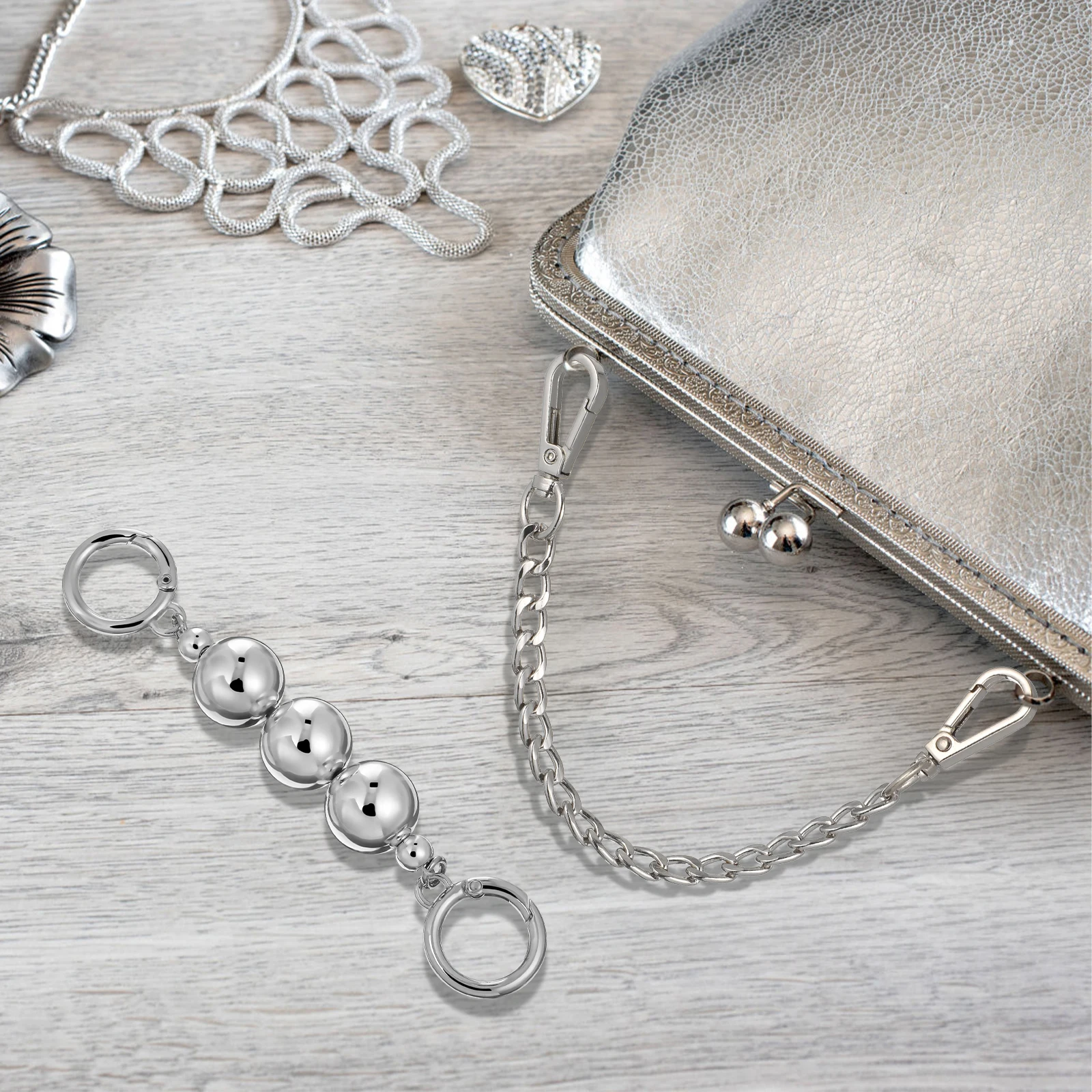 

4 Pcs Bag Strap Extension Chain Purse Extender Silver Metal 20MM Beads Clasp Adjustable Length Handbags Accessories