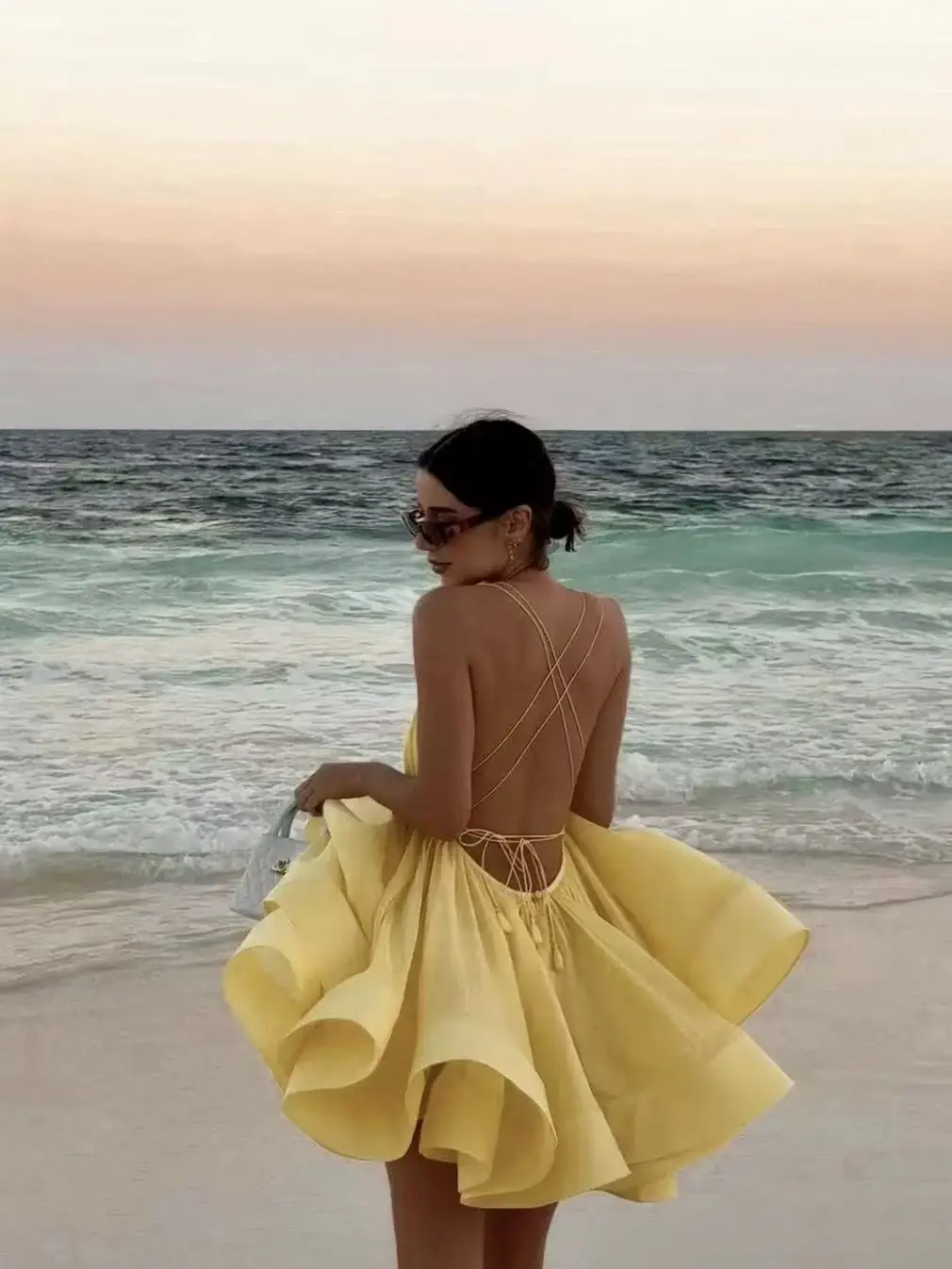 

Beach Backless Short Puffy Sling Dress Women Sexy Lace Up Sleeveless A-line Dresses 2025 Summer Lady Vacation Seaside Solid Robe