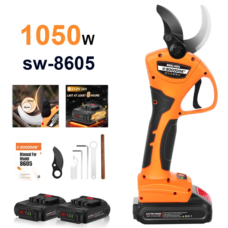 Sécateur électrique sans fil SWANSOFT 8605 40 mm 1050 W 2×21 V 2 Ah sans balais avec contrôle progressif et diamètre de coupe réglable, professionnel pour la taille des vignobles et des jardins