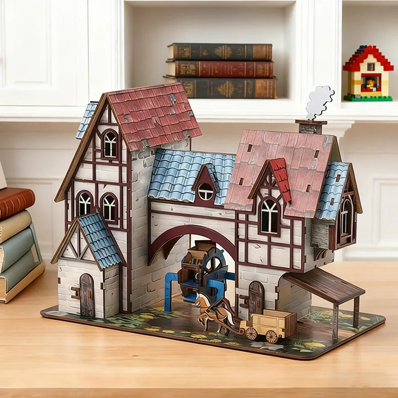 

DIY Wooden 3D Puzzle Pastoral Watermill CottageModel,Colorful Spray-Paint Rural FarmhouseBuilding Kit,Montessori Educational toy