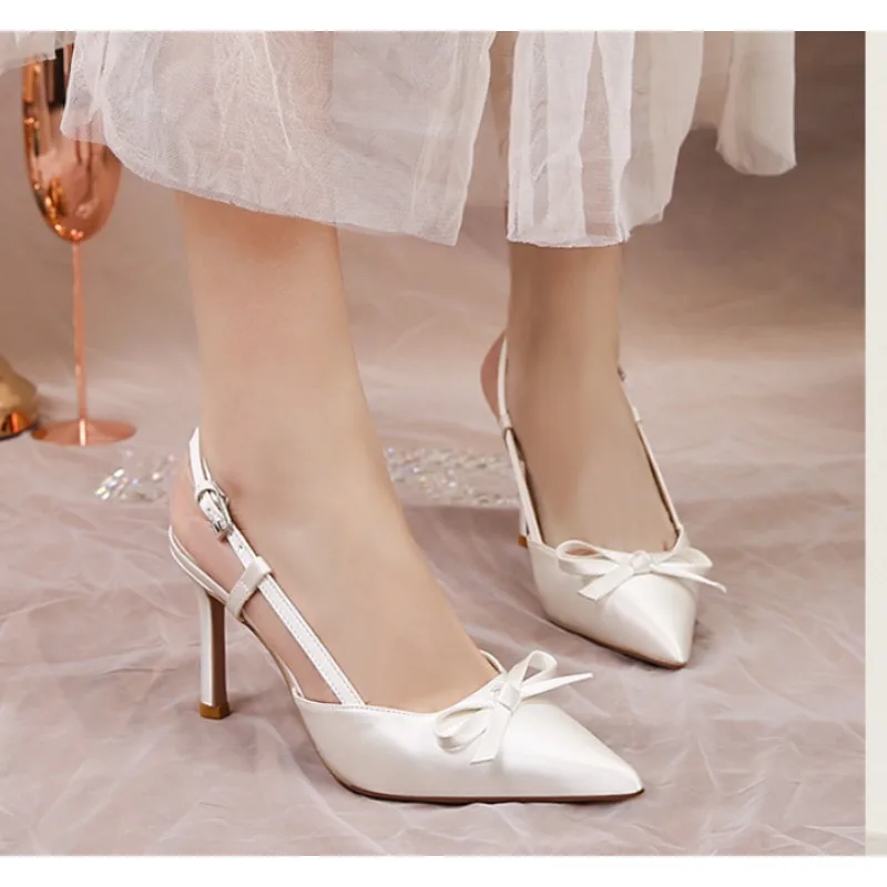 Women Pumps White Wedding Shoes Bride Luxury Satin Butterfly-knot Pointed Toe Adjustable Slingback Heels Elegant Women Heels